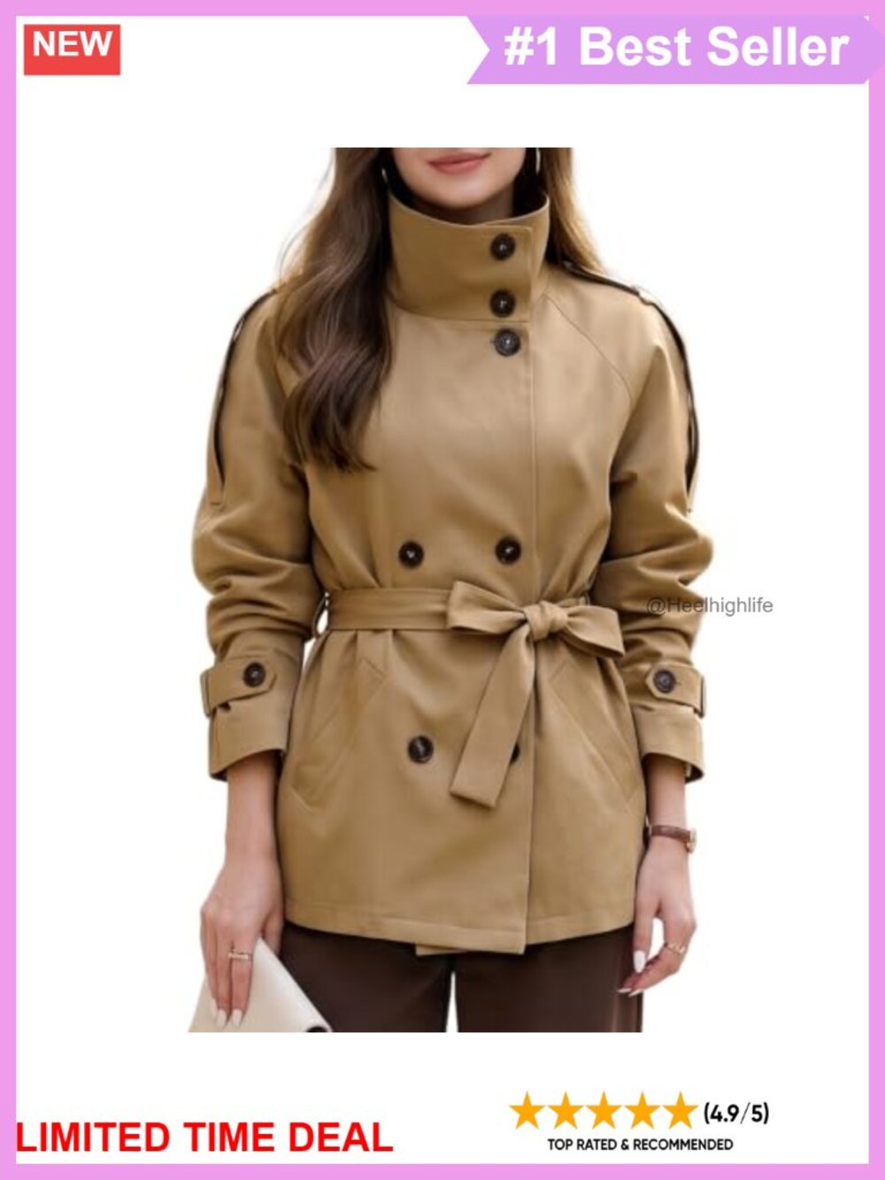 Double Breasted Trench Coat High Neck Button Down Jacket